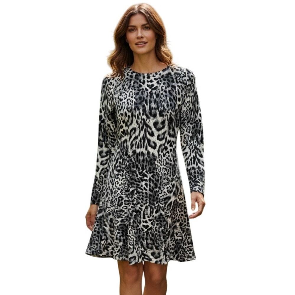 Michael Kors Fremont Leopard Print Knit Dress Fit Flare Long Sleeves Size XS